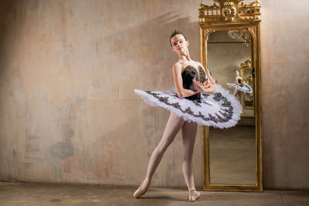 A young ballerina in a white tutu poses near a beautiful old mummer in a vintage interior, reflecting many timesの写真素材