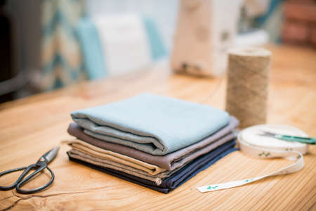 Linen scraps and sewing and handicraft tool kitの写真素材