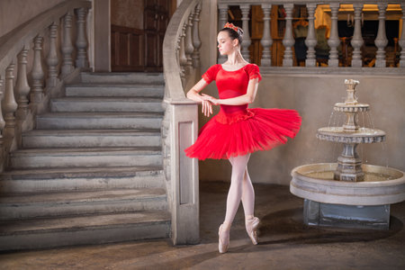 A young ballerina in a red tutu is dancing against the background of the theatrical scenery of the palace.の写真素材