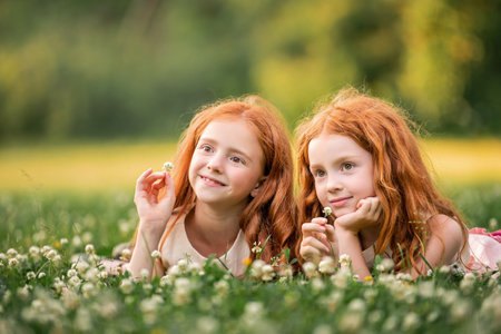Portrait of two red-haired curly happy girls lying among white clover flowersの写真素材