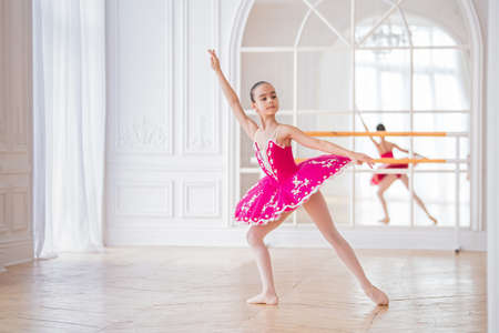 A little ballerina in a bright tutu stands on pointes in the middle of a large light hall in front of a mirrorの写真素材