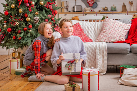 Two joyful sisters are sitting at home near a christmas tree and looking at boxes with giftsの写真素材