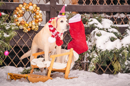 golden labrador in scarf sits near decorated Christmas tree and sleigh during snowfall in winter in courtyard of residential building.の写真素材