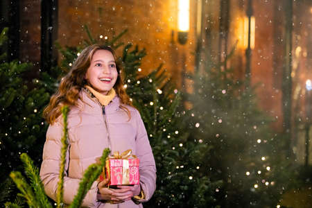 A beautiful girl in warm clothes with a gift in her hands walks on the street, decorated for New Year among the treesの写真素材