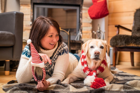 golden labrador retriever in Christmas scarf lies with middle-aged Asian woman on blanket in front of fireplace in country house.の写真素材