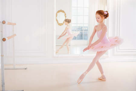 Little girl ballerina dancer in tutu dress learning ballet dance at dance schoolの写真素材