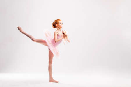 Little ballerina dancer in a pink tutu academy student posing on white backgroundの写真素材