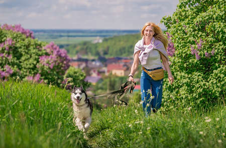 Siberian husky and his owner run merrily along road together against backdrop of a panoramic view, rural landscape in summer.の写真素材