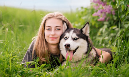 Siberian Husky and his beautiful blue-eyed owner are cuddling while lying in the grass. The concept of love for animals and nature.の写真素材