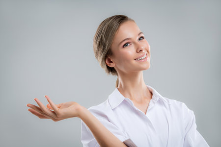 Beauty Spa Woman with perfect skin Portrait. Beautiful Brunette Spa Girl showing empty copy space on the open hand palm for text. Proposing a product. Gestures for advertisement.の写真素材