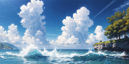 panorama of tropical beach with coconut palm trees. Anime style illustration.の素材