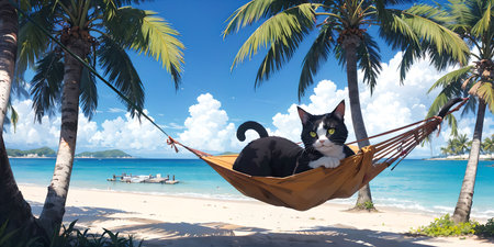 cute cat lies in a hammock against the backdrop of a panorama of tropical beach with palm trees. Anime style illustration.の素材