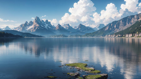 Mountain landscape, lake and mountain range, large panorama,の素材
