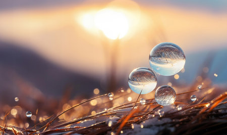 Drops of water macro on the grass, dew on the background of a mountain landscape. The concept of pure natural drinking water.の写真素材