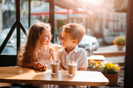 cheerful happy kids boy and girl eating ice cream in outdoor summer cafe.の素材