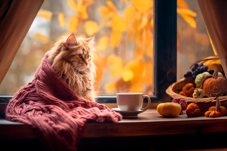 fluffy cat in knitted blanket sits at home on the windowsill next to autumn vegetables.の写真素材