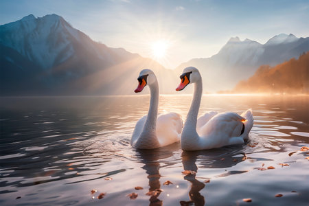Two beautiful white swans swim on mountain lake on foggy morning at dawn.の写真素材
