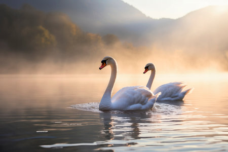 Two beautiful white swans swim on mountain lake on foggy morning at dawn.の写真素材