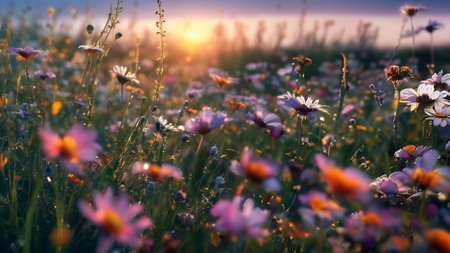 endless meadow of wild wildflowers in the early morning dew at dawn.の写真素材