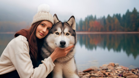 A young girl with her Siberian Husky dog sits hugging on the shore of a mountain lake on an autumn evening.の写真素材