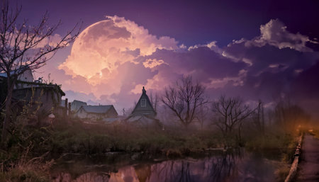 Terrible night landscape with a huge full moon. Background for Halloween. Anime style illustration.の写真素材