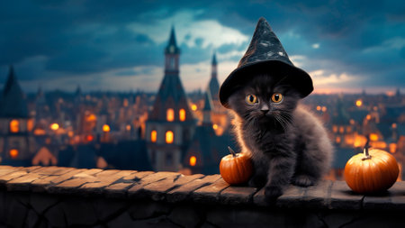 cute black kitten in a witch's hat sits on the roof of the house next to candles at night against the backdrop of the panorama of the old city. Halloween.の写真素材