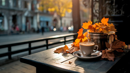 Cup of coffee and empty wooden table of outdoor cafe for product display with blurred background. Autumn quiet city street in background.の写真素材