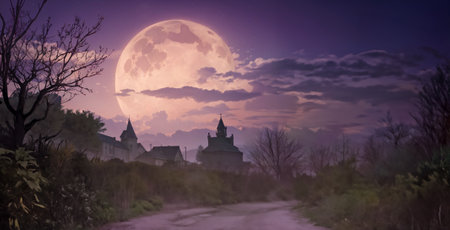 Terrible night landscape with a huge full moon. Background for Halloween. Anime style illustration.の素材