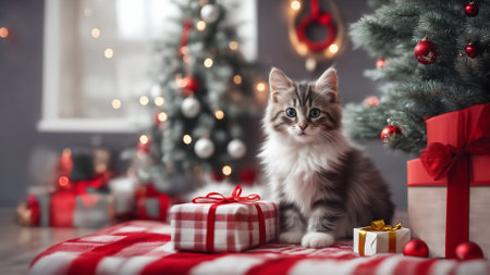 Cute little fluffy kitten in the interior against the background of Christmas tree, gifts and garlands.の写真素材