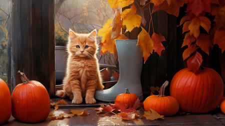 adorable ginger kitten sits on the porch on a rainy autumn day, next to rubber boots, fallen leaves, pumpkins . The concept of autumn in the countryside.の写真素材