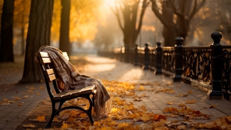 Autumn park, a forgotten warm checkered blanket lies on bench. Romantic scene without people.の写真素材