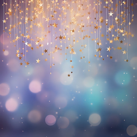 New Year, Christmas background with golden and sparkling stars. Abstract background with bokeh and gradient from dark blue to light blue. copy space.の素材