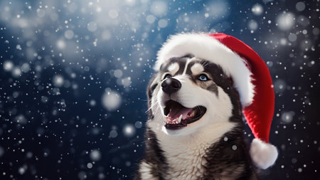 Close-up portrait of a Siberian Husky wearing a red Santa Claus hat against a winter snowy landscape. New Year party.の写真素材