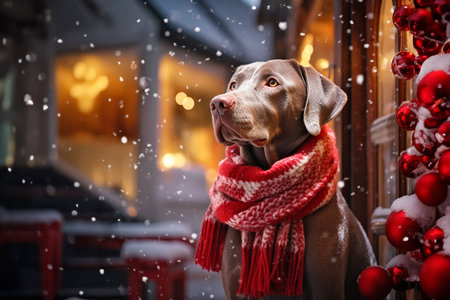 A Weimaraner dog wearing a red Christmas scarf against the backdrop of a city street, next to Christmas store window.の写真素材