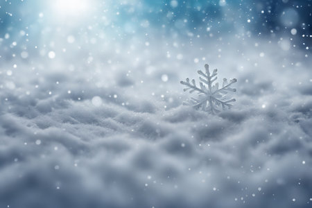 Winter background. Beautiful decorative snowflake on white snow. Copy spaceの写真素材