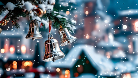 Christmas background with a fir branch decorated with bells and a panorama of a festive city in the...