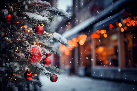 Christmas background with a fir branch with Christmas decorations and a panorama of the festive city in the background. Copy space.の写真素材