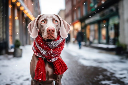 Weimaraner dog wearing a red Christmas scarf against the backdrop of a city street decorated for Christmas and Christmas market.の素材