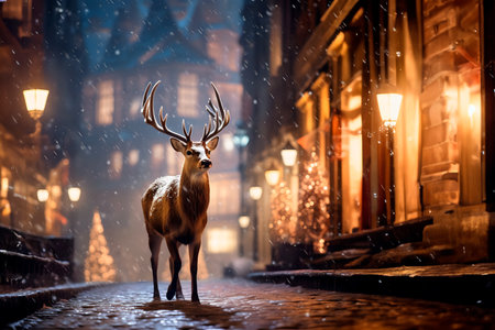 Sana's magical deer walks along the street of Christmas town in the snowfall at night.の素材