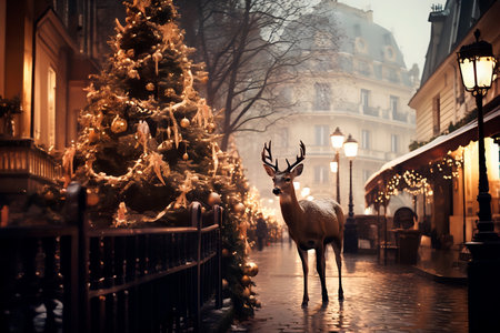 Sana's magical deer walks along the street of Christmas town in the snowfall at night.の素材