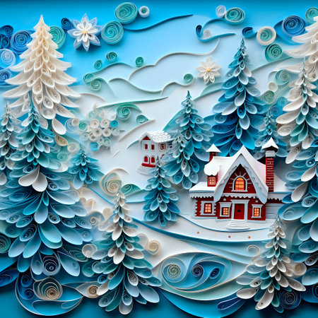 Winter Christmas painting made of paper using quilling technique. Fairytale landscape.の写真素材