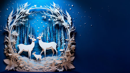 Winter Christmas multilayer openwork picture made of paper. Fairytale landscape. copy spaceの写真素材