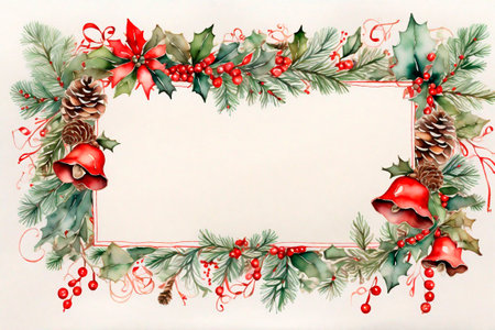 Watercolor Christmas frame with fir branches and place for text. Illustration for greeting cards and invitations, sheet for notes. Children's design.の素材