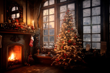 The interior of a country house with a fireplace decorated with Christmas tree on the eve of the holiday. large spacious bright room.の写真素材