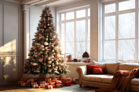 interior of a country house decorated with Christmas tree on the eve of the holiday. large spacious bright room.の写真素材