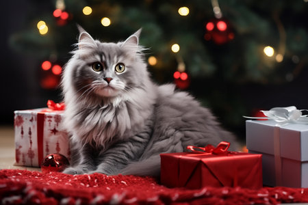 Fluffy gray cat in a Christmas interior against the background of a Christmas tree, gifts and garlands.の写真素材