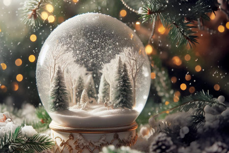 Magical winter Christmas tale inside a glass ball on a product display tableの写真素材