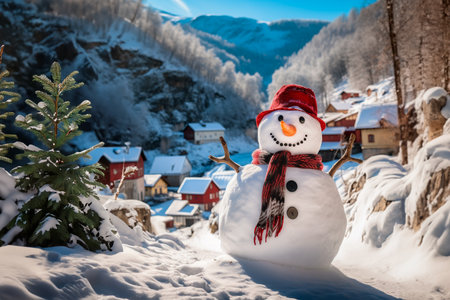 Winter, New Year, Christmas illustration - cute smiling snowman in front of house on winter dayの写真素材