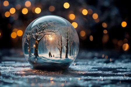 Magical winter Christmas tale inside a glass ball on a product display tableの写真素材
