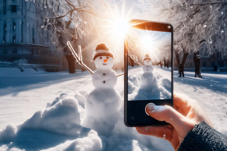 smartphone in the hands of a tourist taking a photo of a friendly snowman in a city park on a frosty...